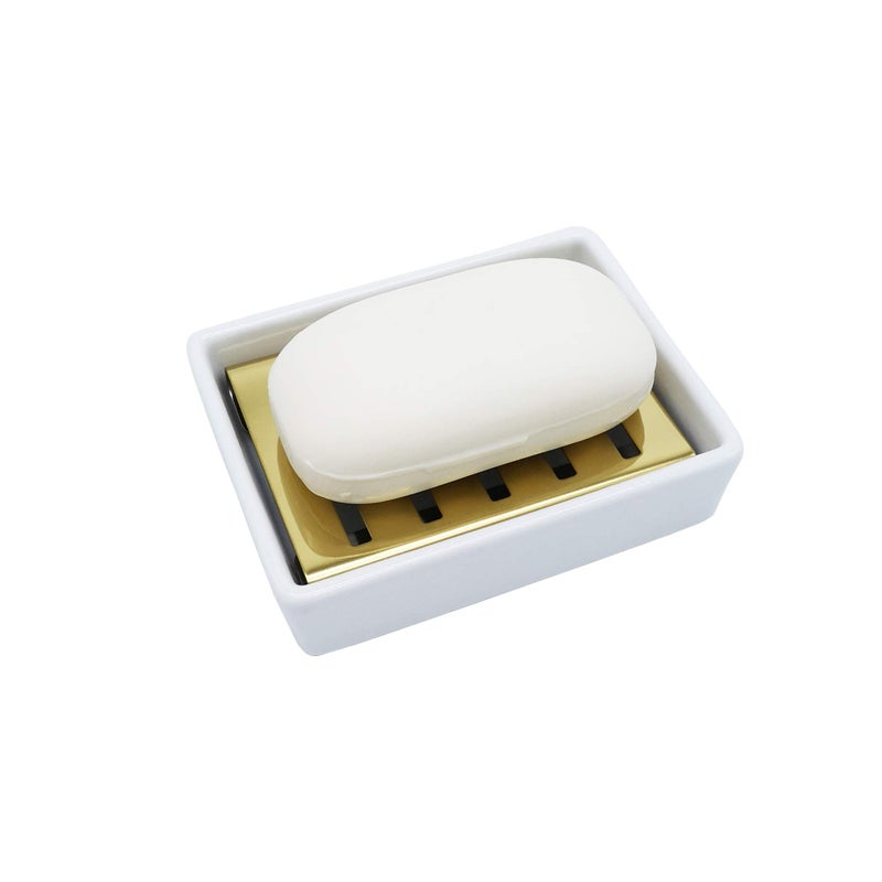 Lofekea Ceramic Soap Dish Gold Stainless Steel Soap Holder for Shower and Bathroom Double Layer Draining Soap Box - Image 2